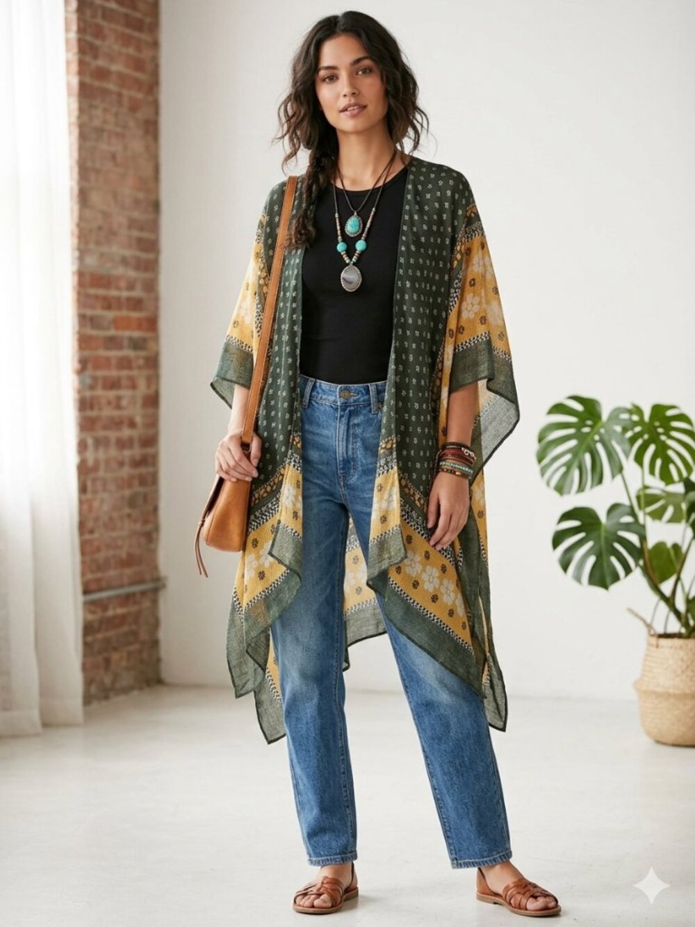 Woven Heart poncho wrap open-front contrast border flowy o/s longline multicolor